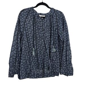 Joie Long Sleeve Dracha Printed Peasant Top Size Large Blouse Blue Tassel Eyelet